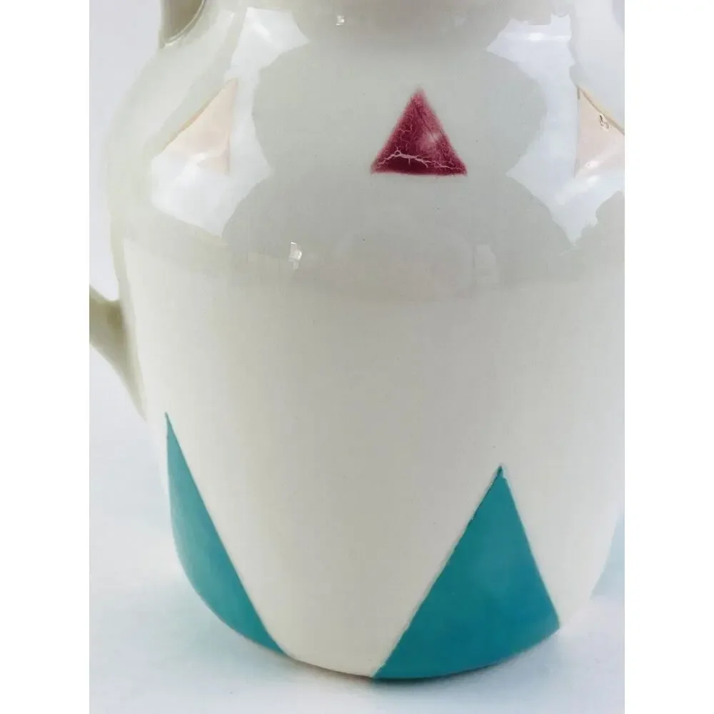 STORYTELLER ARTS Graphic Pitcher Pot Triangles Rare Turquoise Hand Painted 6.5